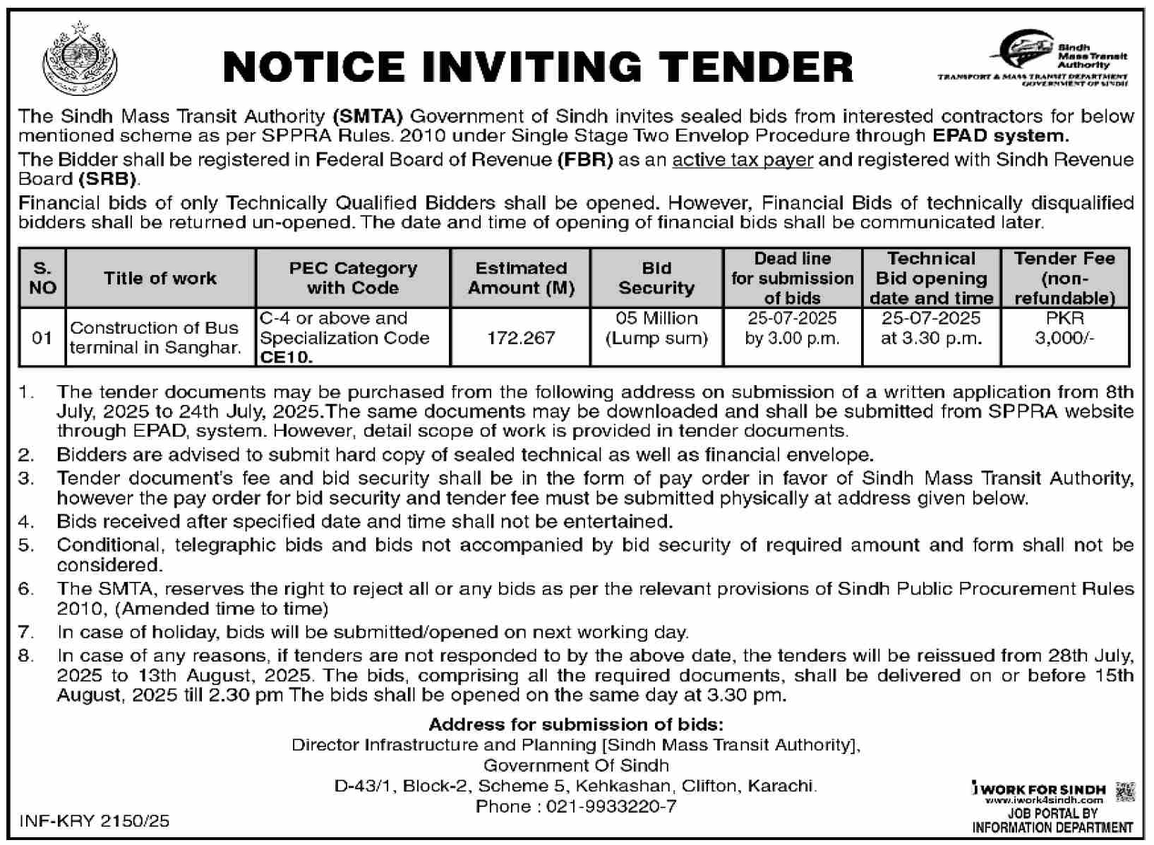 The Sindh Mass Transit Authority Karachi Tender Notice
